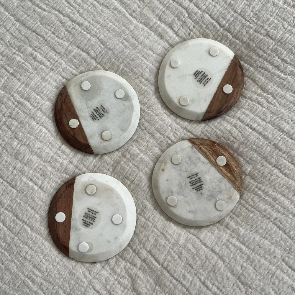 Hand Carved‎ Marble Brass & Wood Coasters - Set of 4